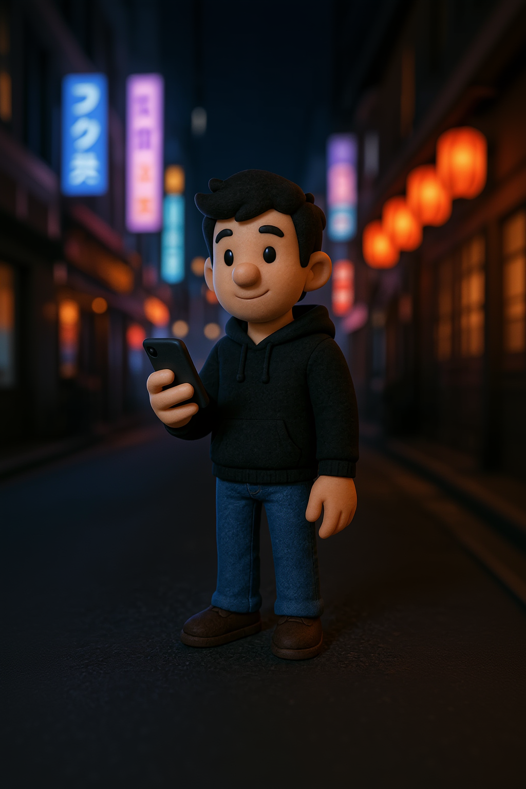 Toy figure holding a phone in a stylized urban night setting japan alike.